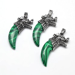 Малахит Античный серебряный сплав цинка природные малахит большие подвески, Бивень форма с дракона, без свинца и без никеля , 56~59x25x11.5 мм, отверстие : 4x8 мм