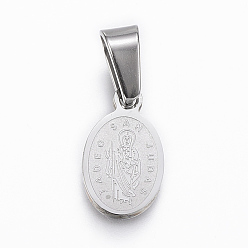 Edelstahl Farbe Anlaufgeschützt 304 Edelstahl Religionsanhänger, Oval mit doppelseitigem St. Jude, Edelstahl Farbe, 13.5x8x1.5 mm, Bohrung: 4x6 mm