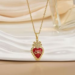 Красный Подвеска в виде священного сердца из латуни с микропаве из прозрачного кубического циркония и эмалью 304 цепочка из нержавеющей стали, золотые, красные, 15.75 дюйм (40 см), Кулон : 30 мм
