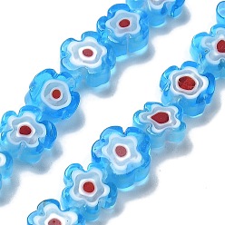 Темно-Голубой Handmade millefiori lampwork beads strands, цветок, глубокое синее небо, 7.5~8.5x7.5~8.5x3~3.5 мм, отверстие : 0.8 мм, около 50 шт / нитка, 15.75~15.94 дюйм (40~40.5 см)