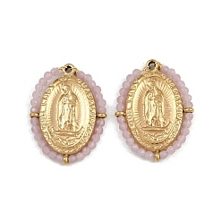 Бледно-Розовый Синтетические светящиеся камни в оболочке 304 подвески из нержавеющей стали, овал с подвесками Девы Марии, реальный 14 k позолоченный, розовый жемчуг, 25.5x19x2.5 мм, отверстие : 1.5 мм