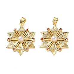 Настоящее золото 18K Латунные микро проложить кубического циркония подвески, шестигранные прелести, с абс пластмассовой имитационной жемчужиной, реальный 18 k позолоченный, 29x23x5.5 мм, отверстие : 3x4.5 мм