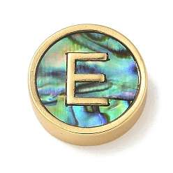 Letter E Латунные бусины, с имитацией смолы ракушки пауа, плоско-круглые, реальный 14 k позолоченный, Письмо E, 13.5x4 мм, отверстие : 1.6 мм