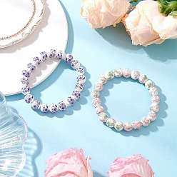 Mixed Color 2Pcs 2 Colors Handmade Flower Printed Porcelain Ceramic Round Beads Stretch Bracelets for Women, Mixed Color, Inner Diameter: 2-1/4 inch(5.6cm), 1pc/color