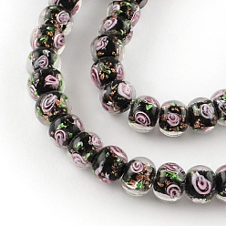 Black Handmade Rondelle Gold Sand Inner Flower Lampwork Beads, Black, 10~11x8mm, Hole: 1.5~2mm