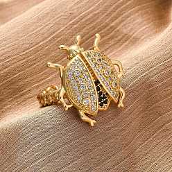 Настоящее золото 18K Латунные микропаве кубические цирконии регулируемые открытые манжеты кольца для женщин, без кадмия и без свинца, насекомое, реальный 18 k позолоченный, внутренний диаметр: регулируемый, лоток : 22x19.5 мм