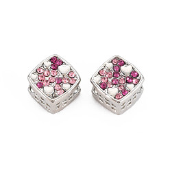 Rose Rack Plating Alloy European Beads, with Rhinestone, Large Hole Beads, Cadmium Free & Nickel Free & Lead Free, Rhombus, Platinum, Rose, 13x13x8mm, Hole: 4mm