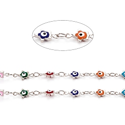 Платина Латунные соединительные цепи ручной работы, с эмалью и катушкой, пайки, долговечный, звезда с дурным глазом, платина, 10.5~11x5.5x2.5 мм, около 32.8 футов (10 м) / рулон