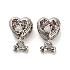 Платина Европейские бусины, сплав, стразы , бусины с большим отверстием, сердце со словом партнер и кость, платина, 18.5x12.5x9.5 мм, отверстие : 4.8 мм