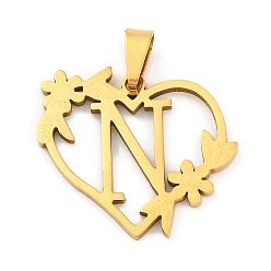 Letter N Ионное покрытие (ip) 201 подвески из нержавеющей стали, сердце с подвесками в виде букв, золотые, Письмо N, 23x25x1.5 мм, отверстие : 7.5x3.5 мм