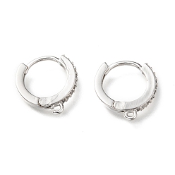Платинированный Серьги-кольца Huggie из латуни с прозрачным кубическим цирконием и прозрачным фианитом, долговечный, плоско-круглые, Реальная платина, 15x14x2 мм, отверстие : 1 мм, штифты : 1 мм