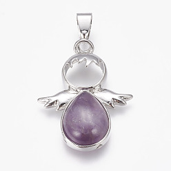 Amethyst Natural Amethyst Pendants, Angel, with Brass Finding, Platinum, 34x25.5x4.5~6.5mm, Hole: 4~5x7mm