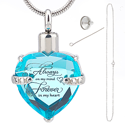 Светло-Голубой Декабрь стеклянная урна подвеска ожерелье набор для самостоятельного изготовления, включая подвеску из стеклянной урны с сердцем из ПК, которая навсегда останется в моем сердце, 1 ПК 1 женские ожерелья-цепочки из нержавеющей стали, 304 установить мини-воронку из нержавеющей стали, Небесно-голубой, Кулон : 1 мм, отверстие : 33x21.5x11.5 мм