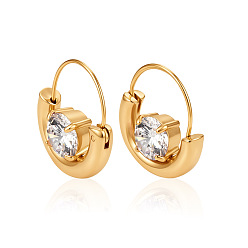 Rondo 304 Pendientes de aro de acero inoxidable y circonita cúbica transparente, dorado, rondo, 19.6 mm