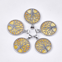 Yellow Freshwater Shell Pendants, with Alloy Findings, Dyed, Flat Round with Tree of Life, Platinum, Yellow, 37.5x33.5x3mm, Hole: 6x8.5mm