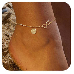 Letter O Латунные двойные сердечки плоские круглые инициалы браслеты на ногу для женщин, золотые, Письмо O, 9-1/8 дюйм (230 мм)