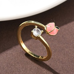 Лосось Кольца-манжеты из цветочной латуни с микропаве из кубического циркония, с эмалью для женщин, без кадмия и без свинца, стойки покрытие, реальный 18 k позолоченный, salmon, 1.5 мм, размер США 6 3/4 (17.1 мм)