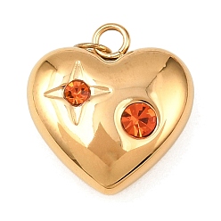 Гиацинт 304 подвески из нержавеющей стали, сердце, со стразами, ионное покрытие (ip), с целью перехода в кольце, реальный 18 k позолоченный, гиацинт, 18.5x17x6.5 мм