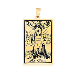 Golden 201 Stainless Steel Pendants, Laser Engraved Pattern, Tarot Card Pendants, Golden, The Tower XVI, 40x24x1mm, Hole: 8x4mm