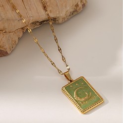 Светло-зеленый Коричневый 304 Подвеска из нержавеющей стали в виде карты Таро с изображением луны и эмалью, цепочка с рифленой поверхностью, для женщин, золотые, оливковый, 15.75 дюйм (40 см)