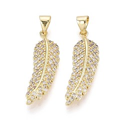 Настоящее золото 16K Латунные микро проложить кубического циркония подвески, перо, реальный 16 k позолоченный, 27.5~28x8x3 мм, отверстие : 3x5~5.5 мм
