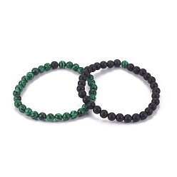Mixed Stone Synthetic Chrysocolla(Dyed) & Natural Black Agate(Dyed) Beads Stretch Bracelets, Round, 2-1/8 inch(5.5cm)