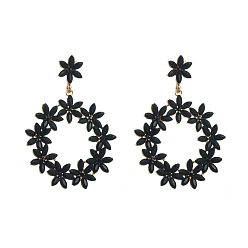 Jet Alloy Rhinestone Stud Earrings, Flower, Jet, 62x45mm