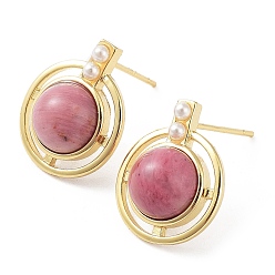 Rhodochrosite Natural Rhodochrosite Half Round Dangle Stud Earrings, Real 18K Gold Plated Brass Earrings, Cadmium Free & Lead Free, 16x13mm