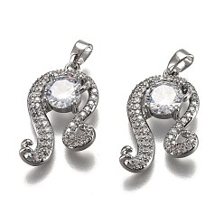 Leo Brass Clear Cubic Zirconia Constellation Charms, Long-Lasting Plated, with Jump Ring, Real Platinum Plated, Leo, 17x24x4mm, Hole: 4.5mm