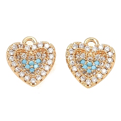 Real 18K Gold Plated Brass Micro Pave Sky Blue Cubic Zirconia Charms, Heart Charms, Real 18K Gold Plated, 11x9.5x3.5mm, Hole: 1.2mm