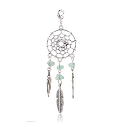 Green Aventurine Woven Net/Web with Feather Alloy Big Pendants, with Natural Green Aventurine Beads and Brass Lobster Claw Clasps, Antique Silver & Platinum, 100mm