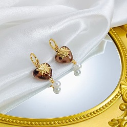 Sol 304 pendientes de aro de acero inoxidable para mujer, corazón, Pendientes colgantes de perlas de resina y plástico, dorado, sol, 45x20 mm