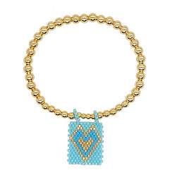 Бирюза Богемные стеклянные браслеты с подвесками из бисера, латунные круглые бусины эластичные браслеты для женщин, Прямоугольник с сердцем, золотые, бирюзовые, регулируемый