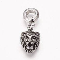 Antique Silver 304 Stainless Steel European Dangle Charms, Large Hole Pendants, Lion Head, Antique Silver, 25mm, Hole: 5mm, Pendant: 15x10x8mm