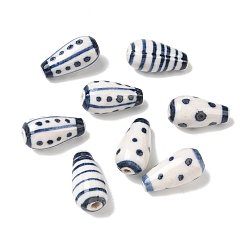 Marine Blue Handmade Porcrlain Beads, Blue and White Porcelain, Teardrop with Stripe and Dot Pattern, Marine Blue, 26~27x13.5mm, Hole: 2.5mm