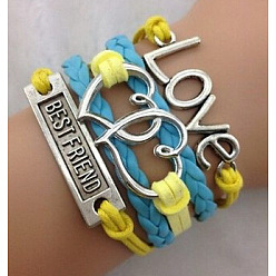 Сердце Браслеты из замши и искусственной кожи, вязанные из нескольких нитей, регулируемые браслеты из сплава, сердце, 7-1/8 дюйм (18 см)