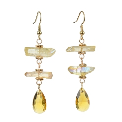 Light Khaki Dyed Natural Quartz Crystal Nugget & Teardrop Dangel Earrings, Real 18K Gold Plated Brass Long Drop Earrings, Light Khaki, 66~70x20~25mm