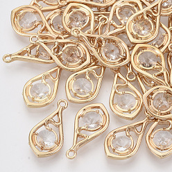 Прозрачный Граненые подвески стекла, с настройками открытой спины из экологически чистого сплава, без никеля , слеза, золотой свет, прозрачные, 21x11x3.5 мм, отверстие : 1.6 мм