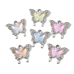 Platino Colgantes de vidrio de aleación de chapado uv, encanto de mariposa, con diamante de imitación, facetados, color mezclado, Platino, 18x20x3.5 mm, agujero: 2.1 mm