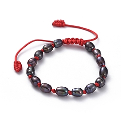 Black Adjustable Braided Bead Bracelets, with Natural Cultured Freshwater Pearl Beads and Nylon Thread, Black, 5~8.5cm