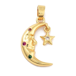 Золотой Подвески с подвесками из латуни с микропаве из кубического циркония в лунной тематике, долговечный, без свинца и без кадмия, золотые, 20x11.5x3.5 мм, отверстие : 3.8x3 мм