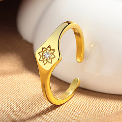 Золотой Латунные микропаве кубические цирконии манжеты открытые кольца для женщин, восьмиконечная звезда, золотые, 15~20 мм