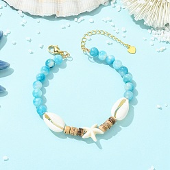 Золотой Браслеты для женщин из натуральных кокосовых, синтетических бирюзовых и окрашенных натуральных персидских нефритовых бусин в пляжном стиле., морская звезда и форма раковины, с бусинками из каури, золотые, 10.04 дюйм (25.5 см)