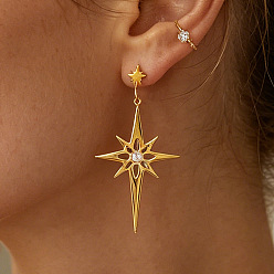 Golden 304 Stainless Steel Micro Pave Cubic Zirconia Stud Dangle Earrings, Star, Golden, 45.1x21.4mm