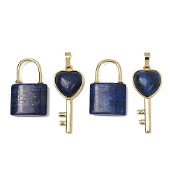 Lapis Lazuli Dyed Natural Lapis Lazuli Beaded Pendants, Lock and Key Charms, with Golden Brass Findings, 31.5~32.5x20~20.5x7.5mm, Hole: 11x12mm