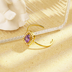 Фиолетовый Стильные 304 кольца-манжеты из нержавеющей стали с кубическим цирконием для женщин, прямоугольные, реальный 18 k позолоченный, фиолетовые