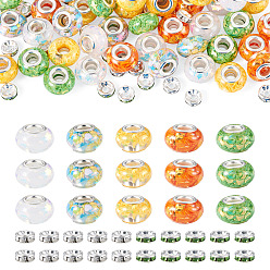 Mixed Color 50Pcs 5 Colors Transparent Resin Rondelle European Beads, with Paillette & Platinum Tone Brass Cores, Large Hole Beads, with 60Pcs 2 Colors Rondelle Brass Rhinestone Spacer Beads, Mixed Color, 14x8.5mm, Hole: 5mm, 10pcs/color