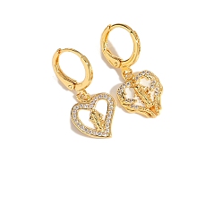 Сердце Серьги с застежкой-молнией из золотистой латуни с микропаве из прозрачных кубических цирконий, с эмалью, золотые, сердце, 27x12 мм