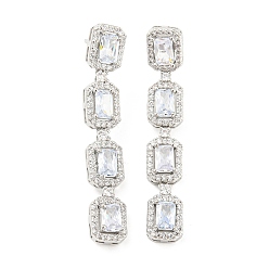 Платина Прямоугольные серьги-гвоздики с подвесками из латуни и циркония, долговечный, без свинца и без кадмия, платина, 49x8 мм