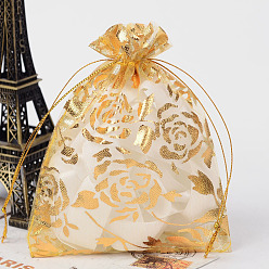 (932FM) Темно-синий аква-матовый с подкладкой Розы из органзы мешки печатается, подарочные пакеты, прямоугольные, темно-золотистые, 12x10 см